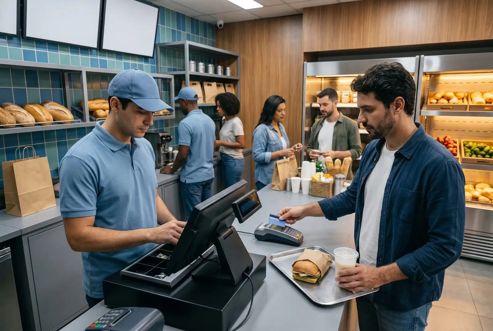 Caixa com funcionário registrando a venda e cliente pagando