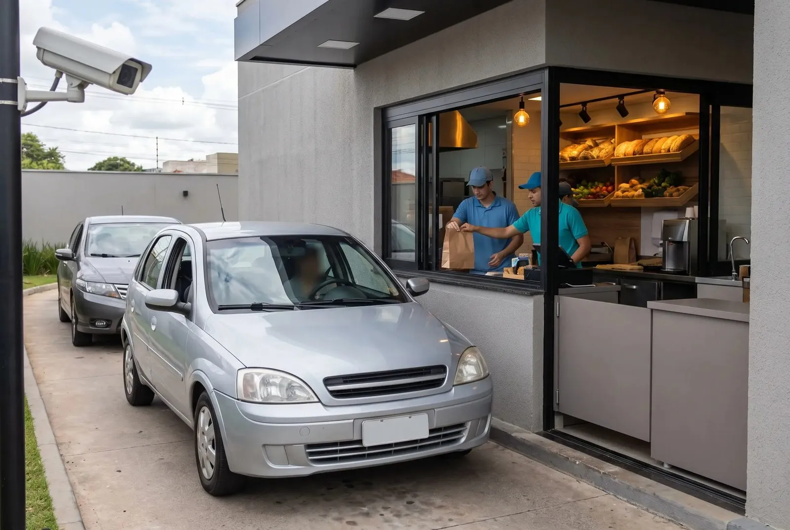 Carro parado na janela do drive-thru