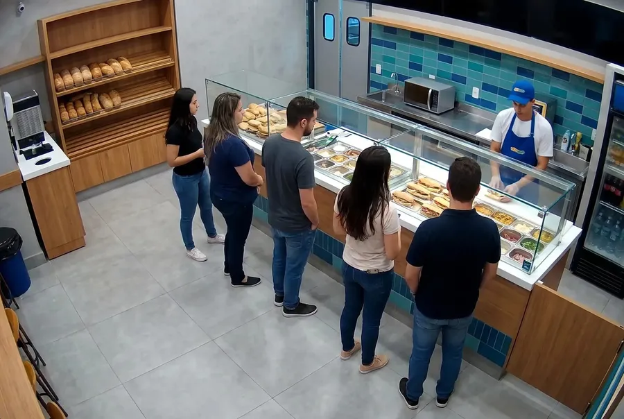 Clientes em fila diante do balcão, vistos de uma câmera no teto