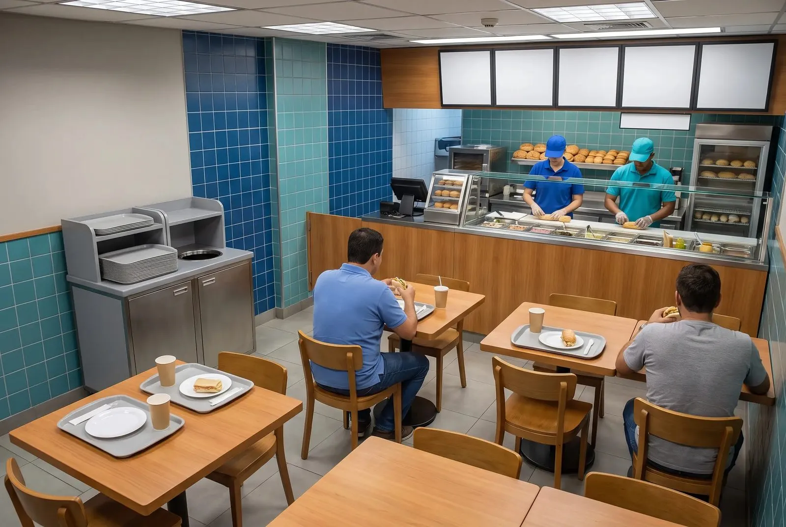 Salão com mesas, bandejas e pratos